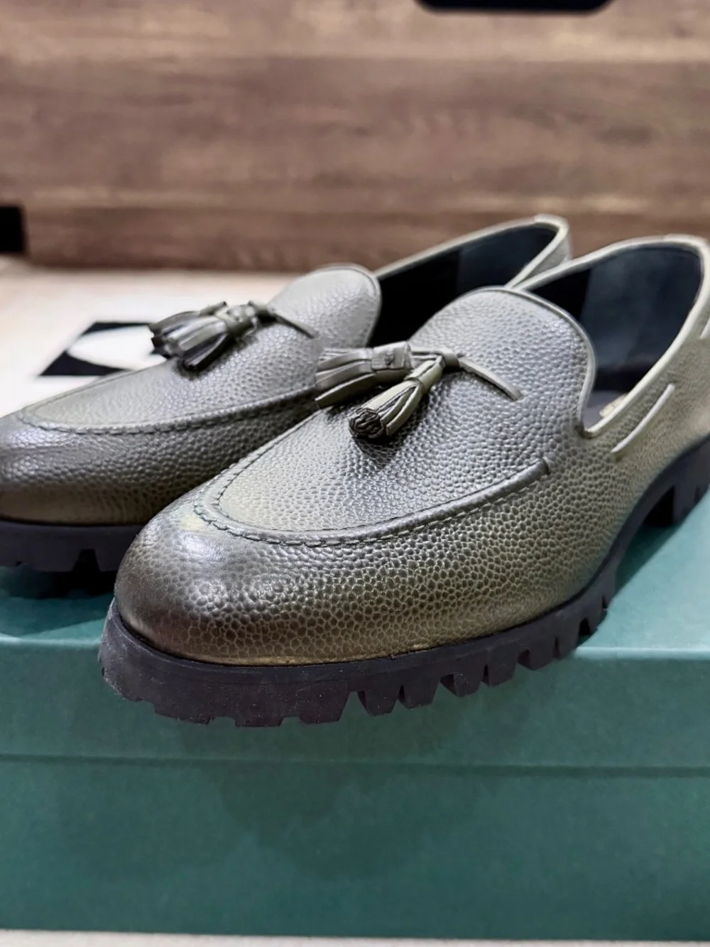Aime Leon Dore Grainy Leather Chicco Riso Green Tassel Loafers